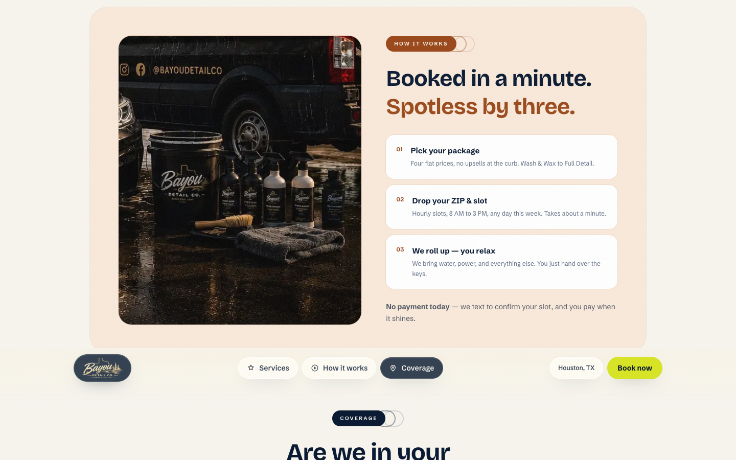How it works section — booked in a minute