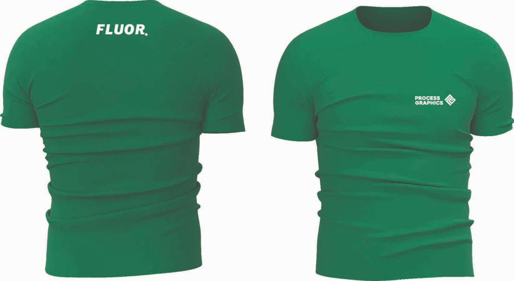 Fluor company shirt — restrained wordmark and chest badge on green