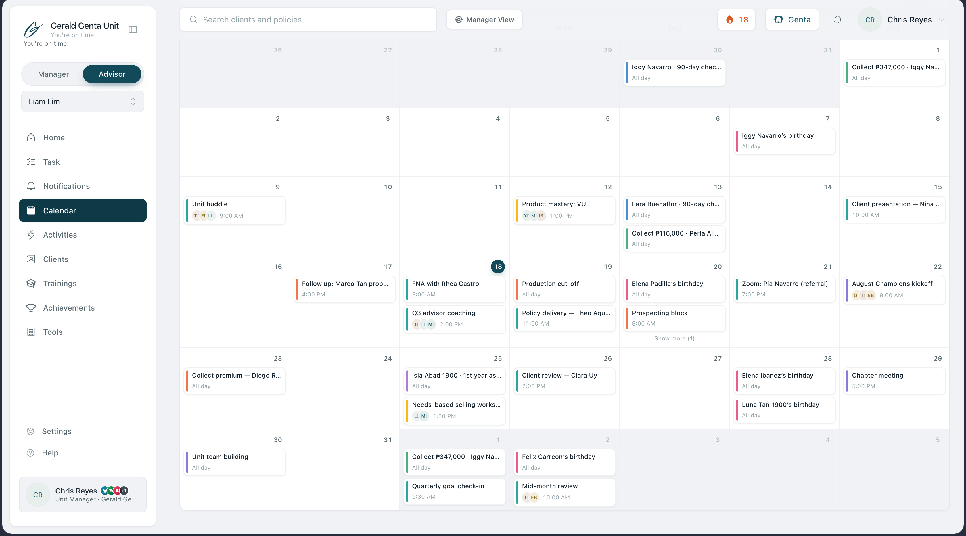 Advisor calendar month view with color-coded collections, birthdays, huddles, and production cut-offs