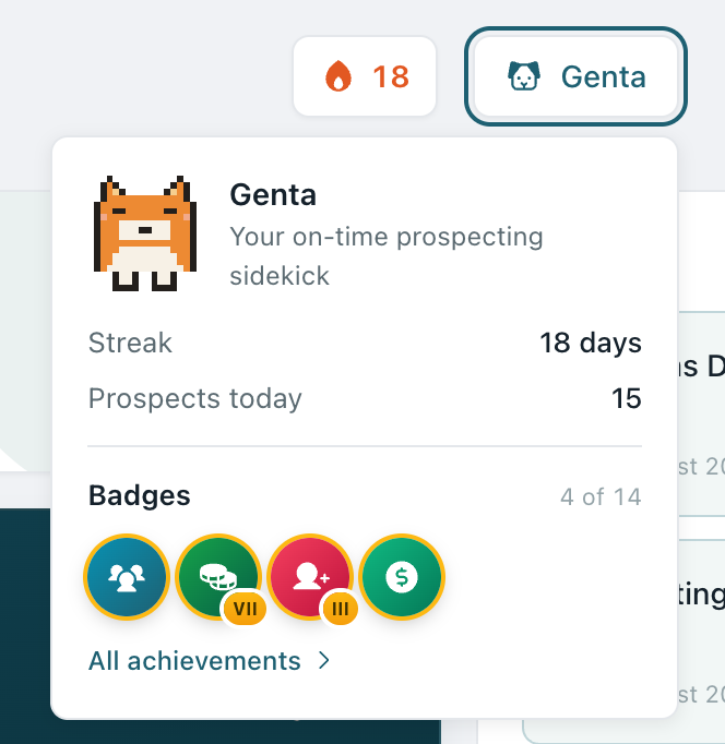 The prospecting streak popover and the Genta sidekick popover with badges