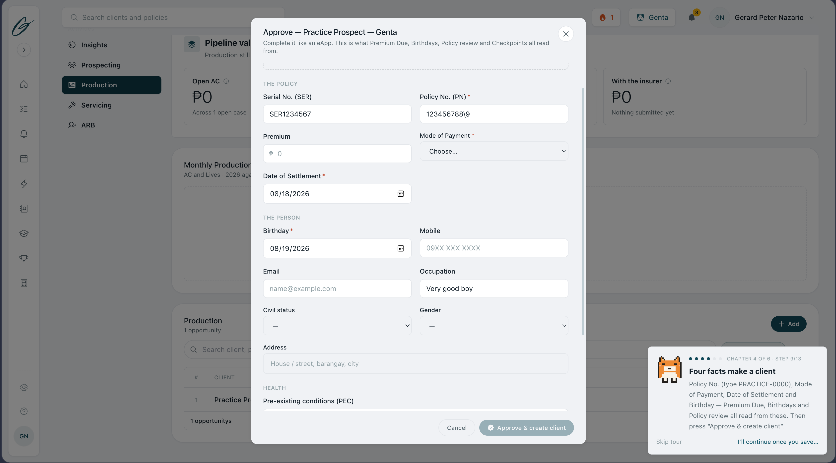 Approve & create client