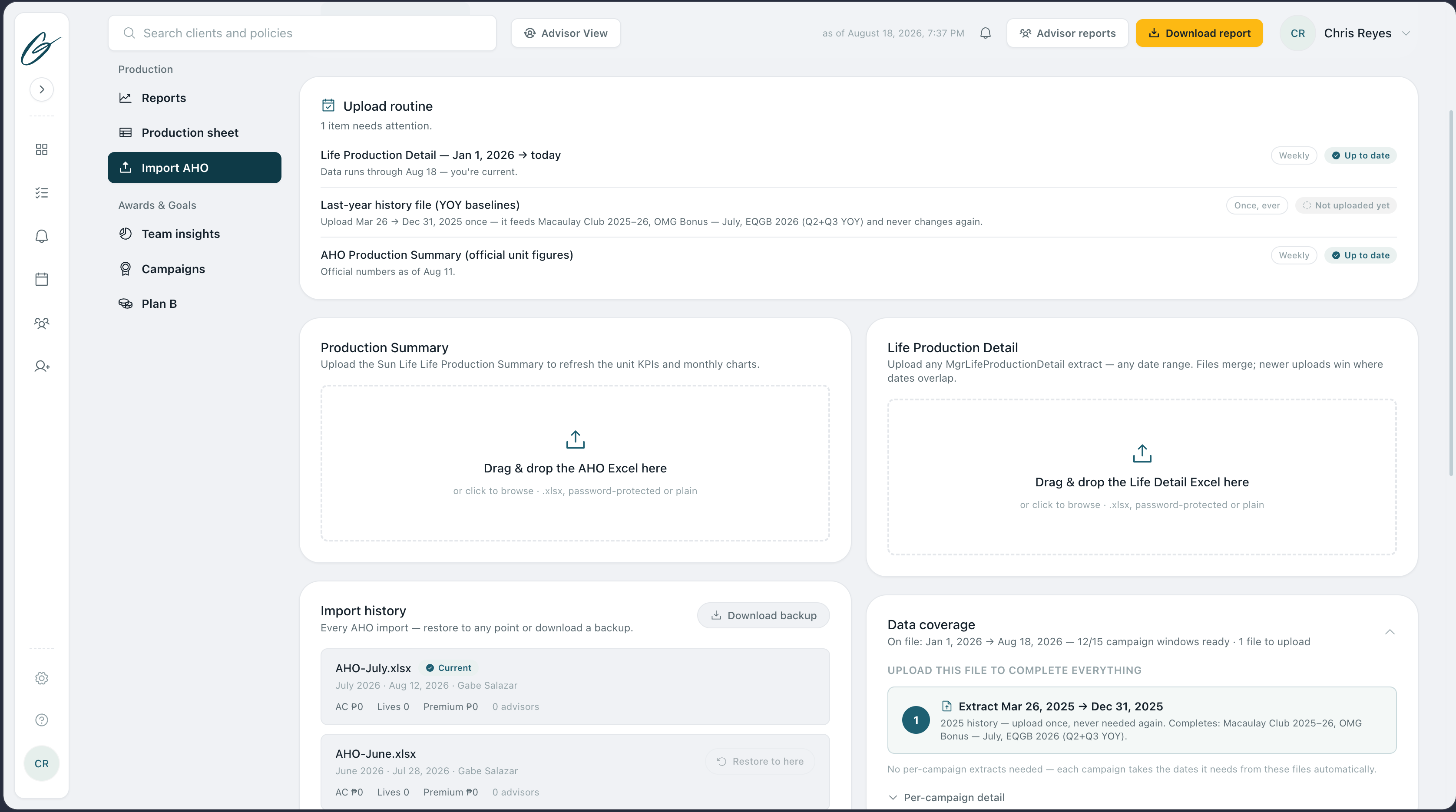 AHO import page with upload routines, drag-and-drop Excel zones, import history with restore, and data coverage