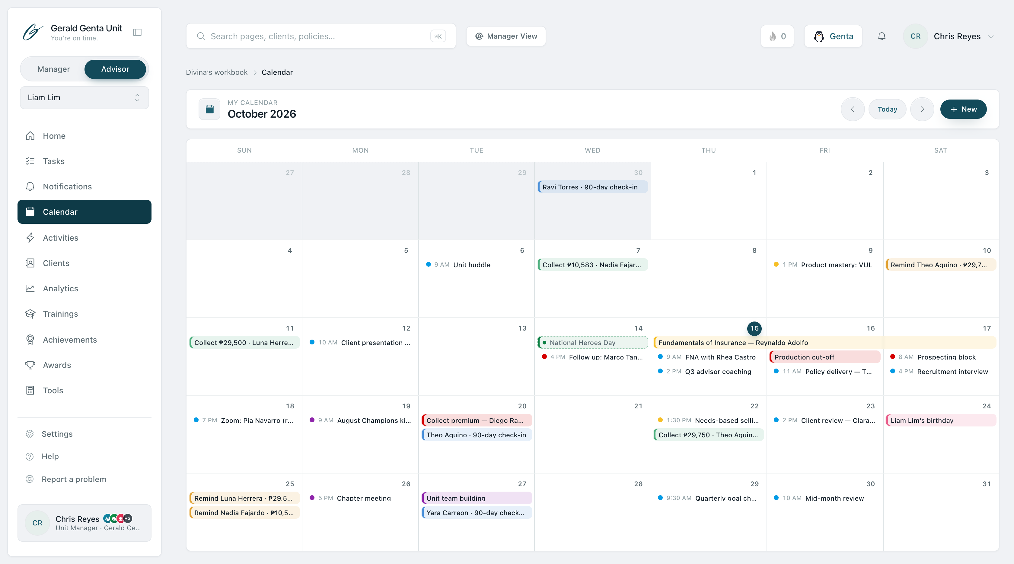 Advisor calendar month view with color-coded collections, birthdays, huddles, and production cut-offs