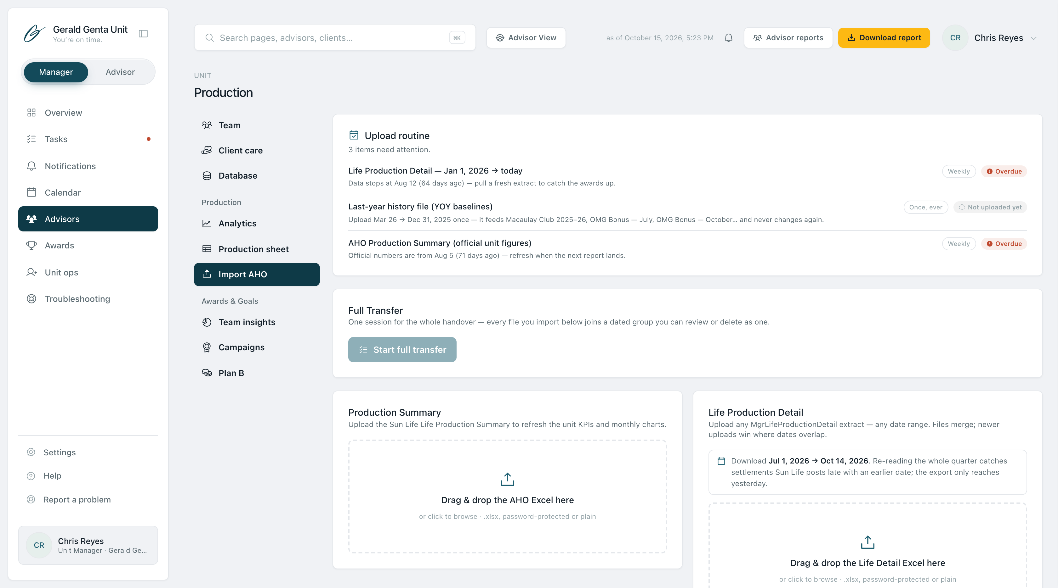 AHO import page with upload routines, drag-and-drop Excel zones, import history with restore, and data coverage