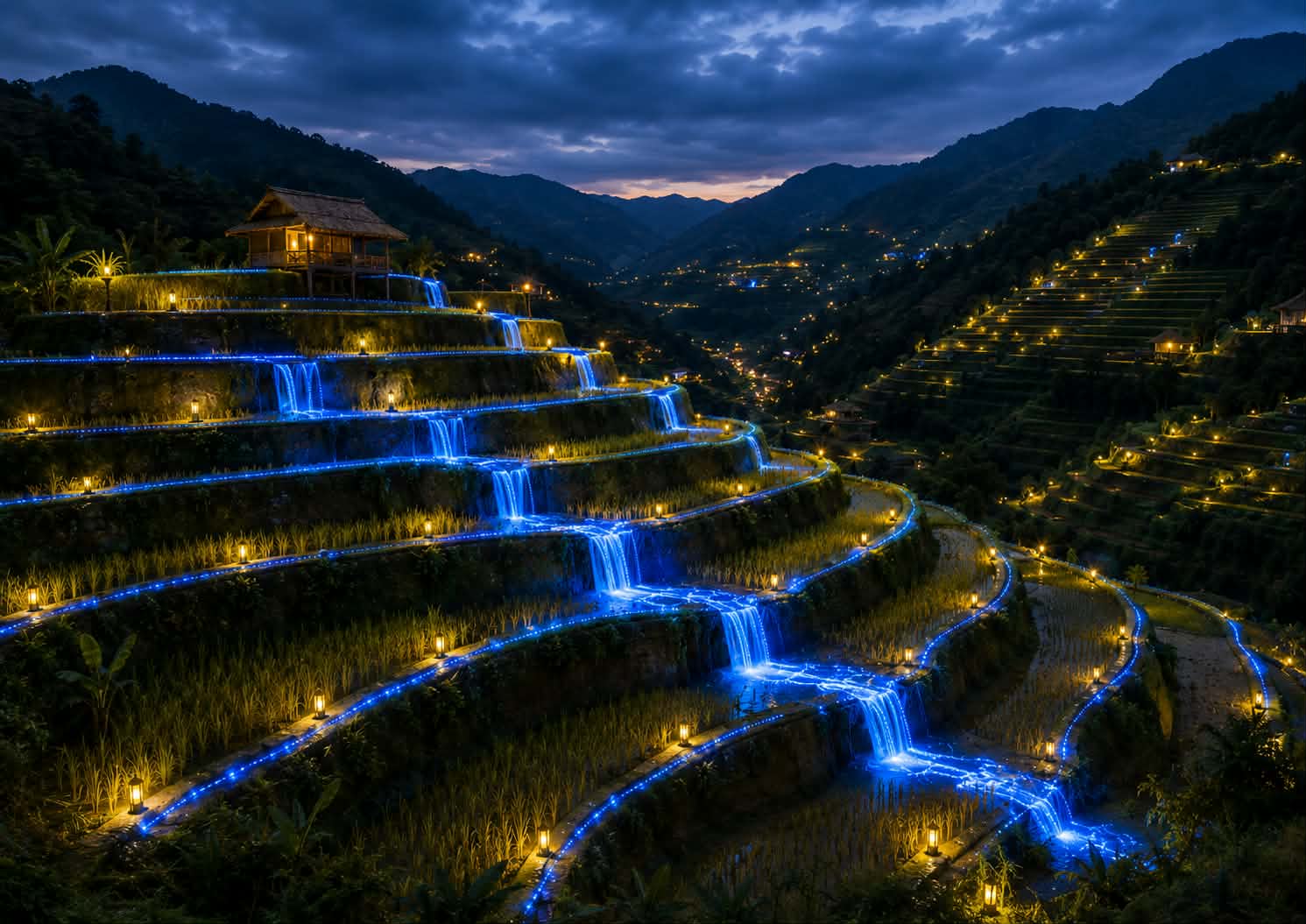 Banaue rice terraces at dusk, irrigation channels lit with blue light — the hero photograph