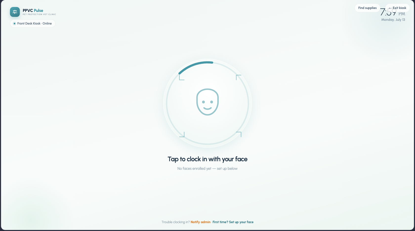 The front-desk kiosk — tap to clock in with your face